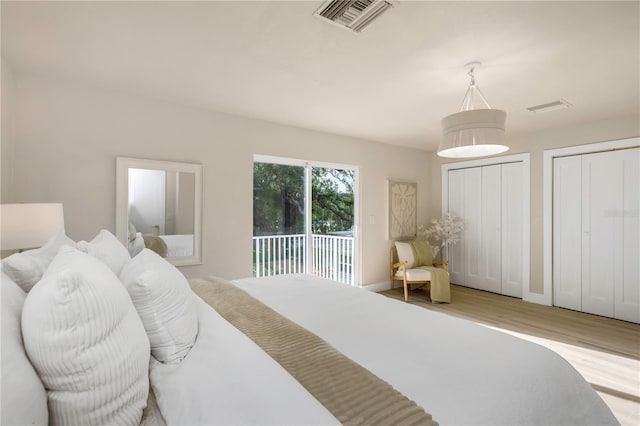 bedroom with two closets, wood finished floors, and access to outside