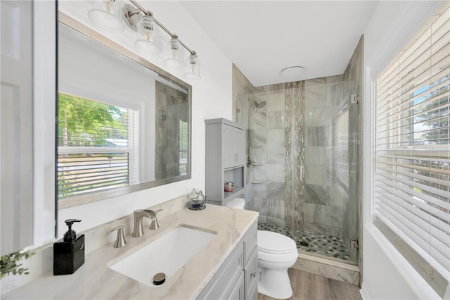607 Carolyn Dr, Brandon, FL 33510 - bathroom featuring vanity, a stall shower, toilet, and wood finished floors