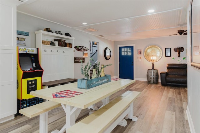 dining room featuring baseboards, recessed lighting, light wood-style flooring, and ceiling fan
