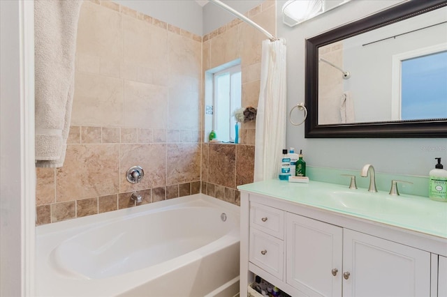 bathroom featuring vanity, a shower with curtain, and a bath