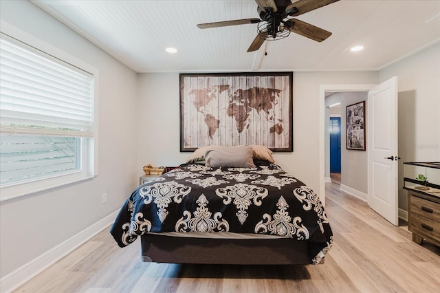 bedroom with recessed lighting, a ceiling fan, baseboards, and wood finished floors