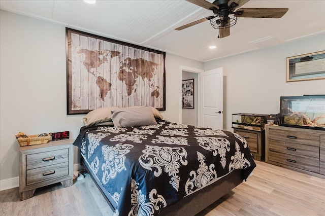 bedroom featuring recessed lighting, baseboards, ceiling fan, and wood finished floors