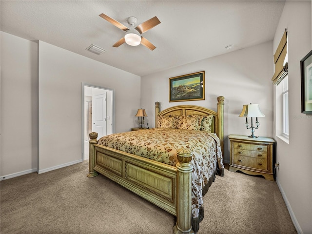 bedroom with light carpet, baseboards, a ceiling fan, and visible vents