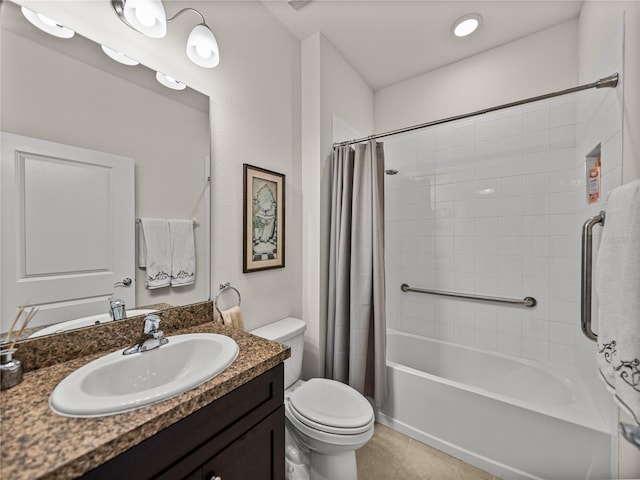 bathroom featuring toilet, tile patterned flooring, vanity, and shower / bath combination with curtain