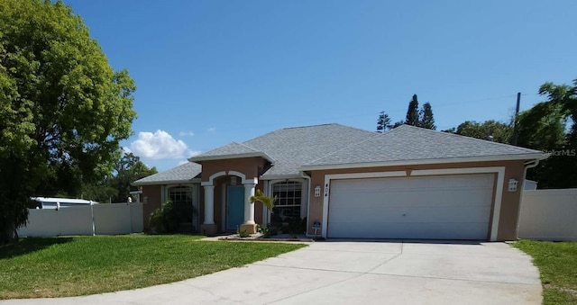 ranch-style house with driveway, a front yard, a garage, fence, and stucco siding