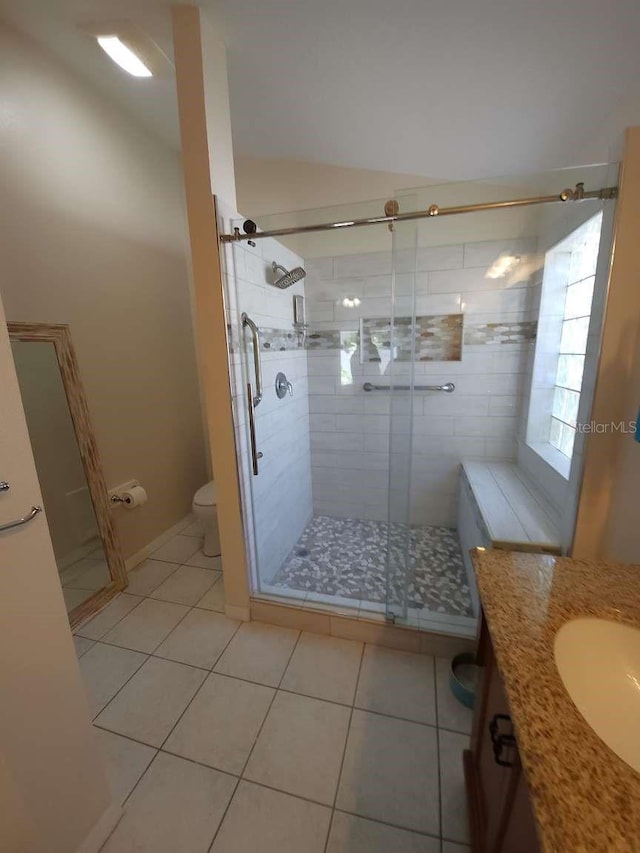 bathroom with vanity, tile patterned floors, toilet, and a shower stall
