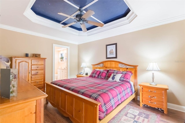 3714 Village Estates Pl, Tampa, FL 33618 - bedroom featuring wood finished floors, a ceiling fan, crown molding, a raised ceiling, and ensuite bath