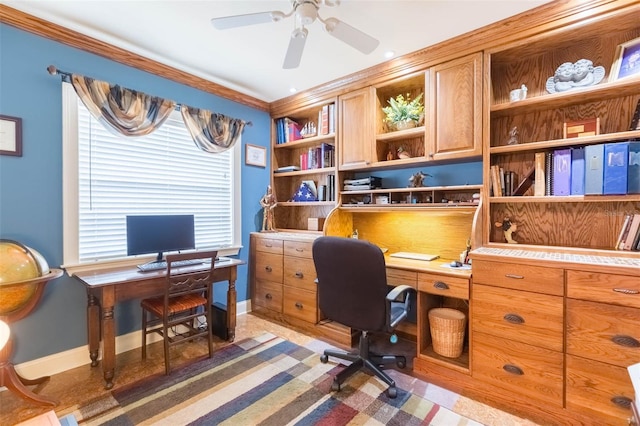 3714 Village Estates Pl, Tampa, FL 33618 - home office featuring baseboards, ornamental molding, and ceiling fan