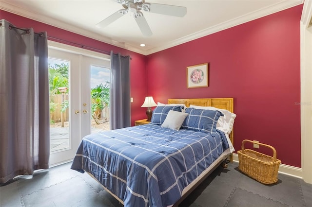 3714 Village Estates Pl, Tampa, FL 33618 - bedroom with a ceiling fan, french doors, baseboards, crown molding, and access to exterior