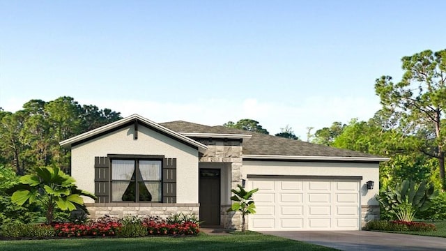 7763 Wheat Stone Dr, Zephyrhills, FL 33540 - ranch-style house featuring an attached garage, stucco siding, stone siding, and concrete driveway
