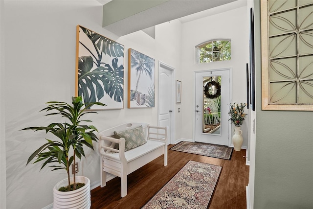 entryway with baseboards and wood finished floors