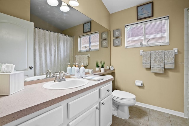 bathroom with tile patterned flooring, vanity, toilet, baseboards, and a shower with curtain