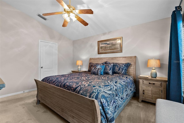 bedroom with ceiling fan, carpet, baseboards, lofted ceiling, and visible vents