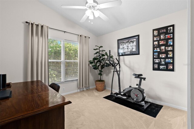 workout area with carpet floors, baseboards, vaulted ceiling, and ceiling fan