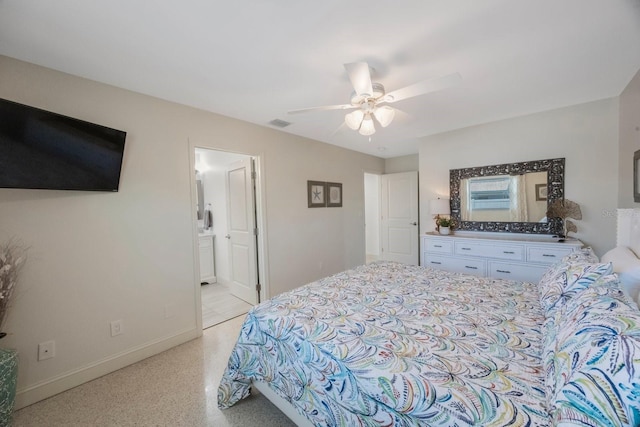 bedroom featuring visible vents, a ceiling fan, baseboards, and ensuite bathroom