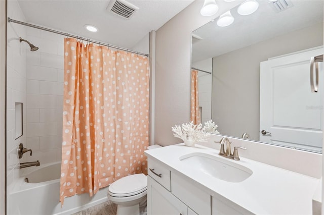 bathroom with visible vents, shower / bathtub combination with curtain, toilet, and vanity