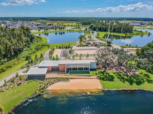 drone / aerial view with a water view