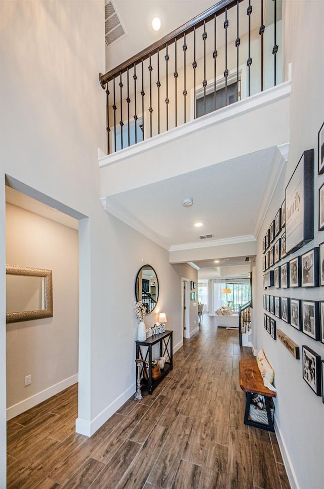 2653 Longleaf Pine Pt, New Port Richey, FL 34655 - corridor featuring crown molding, wood finished floors, and a towering ceiling