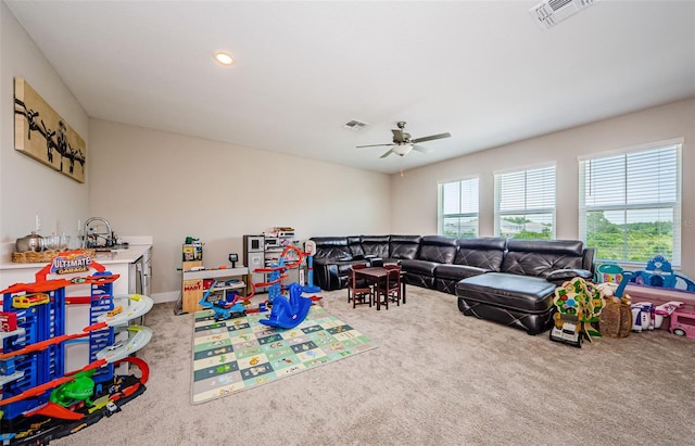 2653 Longleaf Pine Pt, New Port Richey, FL 34655 - game room with carpet floors, ceiling fan, and recessed lighting