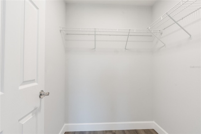walk in closet with dark wood-type flooring