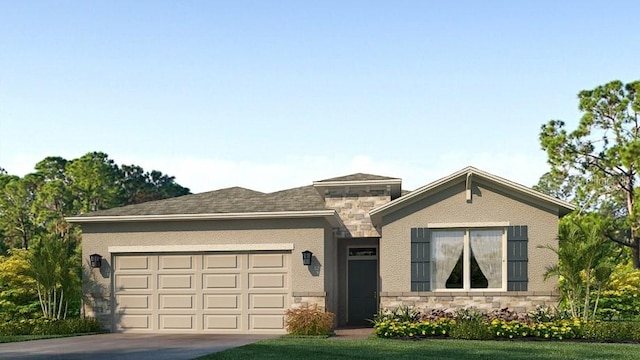 view of front of property featuring a garage, concrete driveway, and stone siding