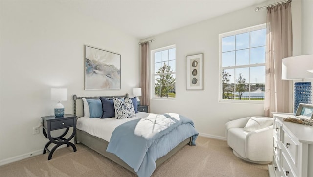 bedroom with baseboards and light carpet