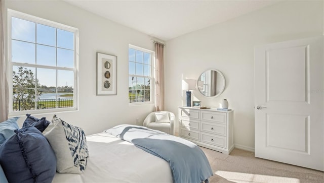 bedroom featuring baseboards and light colored carpet