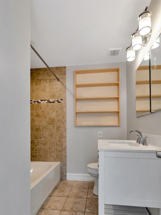 full bath featuring visible vents, shower / tub combination, vanity, tile patterned floors, and toilet