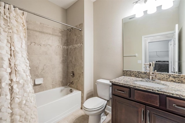 full bathroom with vanity, toilet, and shower / bath combination with curtain