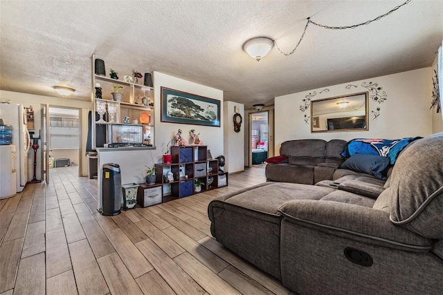 living room with a textured ceiling and light wood finished floors