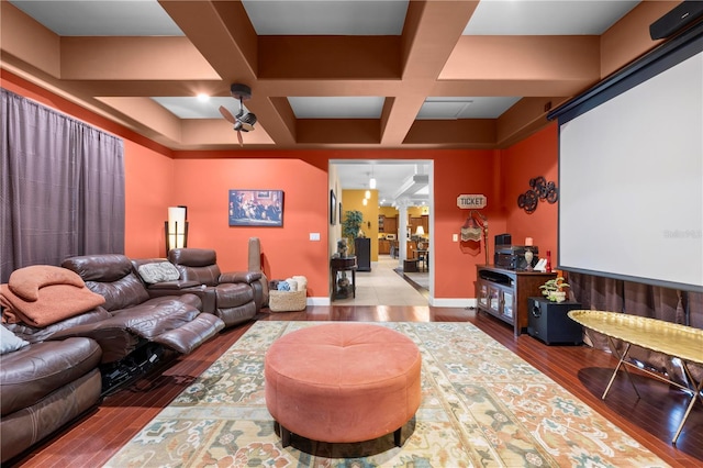 cinema room with coffered ceiling, wood finished floors, and beam ceiling