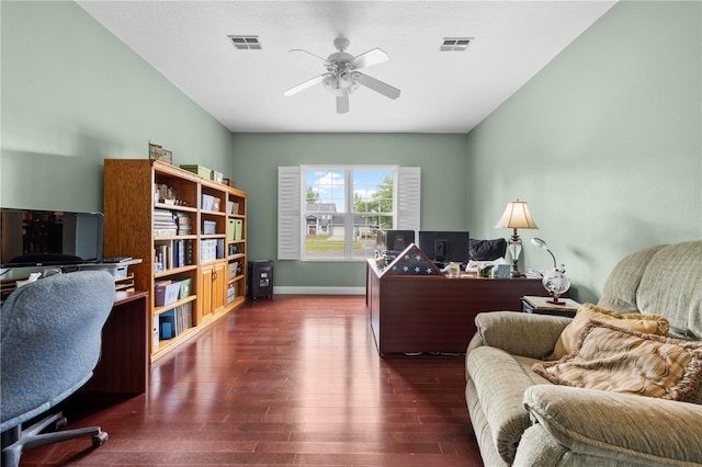 office with wood finished floors, ceiling fan, and baseboards