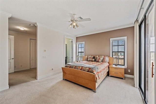 bedroom featuring light carpet, multiple windows, baseboards, crown molding, and a ceiling fan