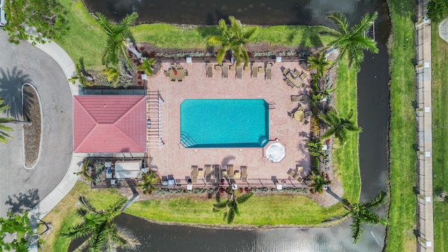 view from above of property with a pool area