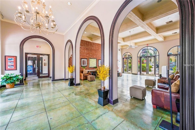 community lobby with coffered ceiling, beam ceiling, crown molding, and recessed lighting