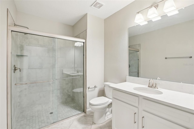 bathroom with visible vents, a stall shower, toilet, and vanity
