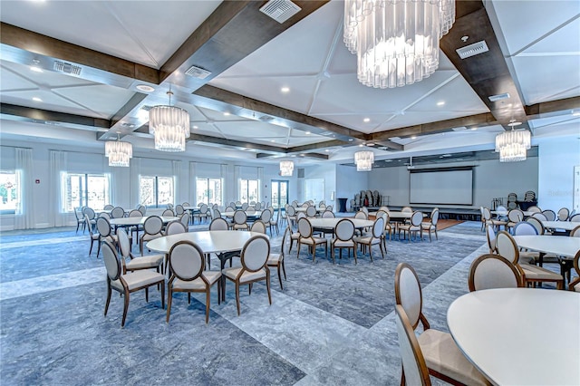 dining area with visible vents, coffered ceiling, and a chandelier