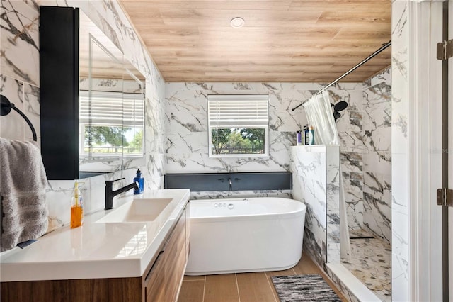 36601 Roberts Rd, Dade City, FL 33525 - full bath featuring a healthy amount of sunlight, wooden ceiling, a soaking tub, and curtained shower