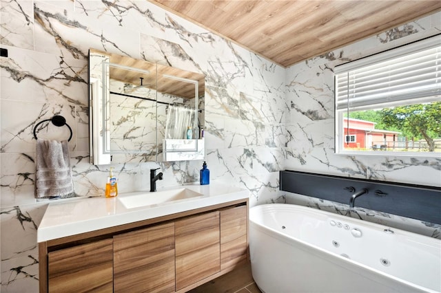 36601 Roberts Rd, Dade City, FL 33525 - full bathroom featuring walk in shower, vanity, tile walls, a tub with jets, and wooden ceiling
