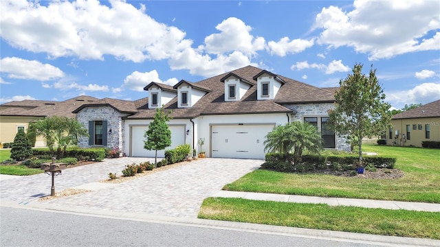 4300 Barletta Ct, Wesley Chapel, FL 33543 - view of front facade featuring stone siding, an attached garage, stucco siding, and decorative driveway