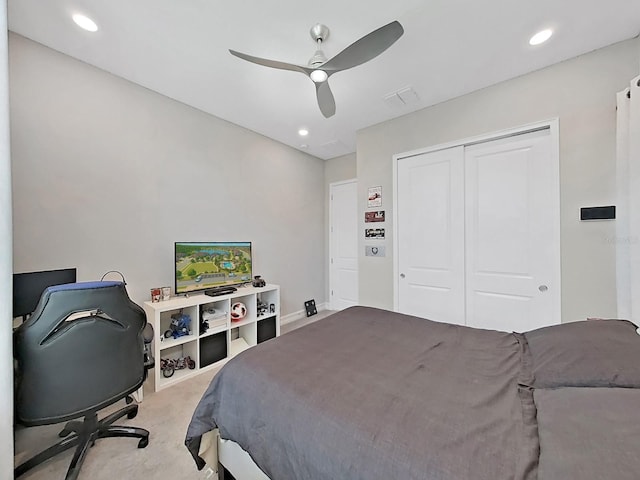 4300 Barletta Ct, Wesley Chapel, FL 33543 - bedroom featuring carpet flooring, a closet, an office area, ceiling fan, and recessed lighting