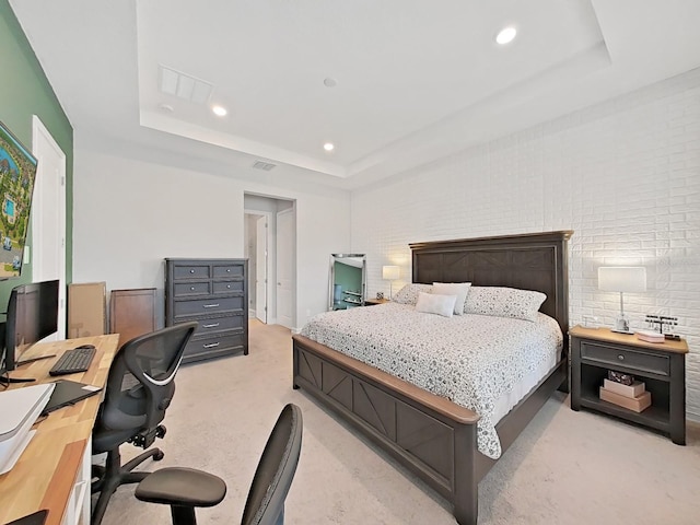 4300 Barletta Ct, Wesley Chapel, FL 33543 - bedroom with a tray ceiling, light colored carpet, an office area, recessed lighting, and baseboards