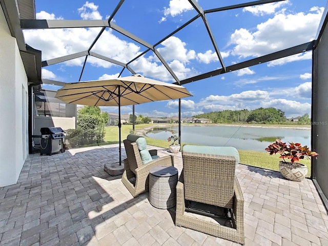 4300 Barletta Ct, Wesley Chapel, FL 33543 - view of patio / terrace with a water view, a grill, and a lanai
