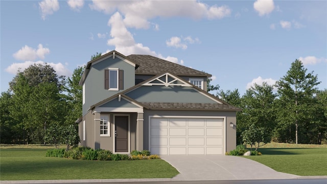 11554 71st Ave E, Palmetto, FL 34221 - view of front of house featuring driveway, a front yard, an attached garage, a shingled roof, and stucco siding
