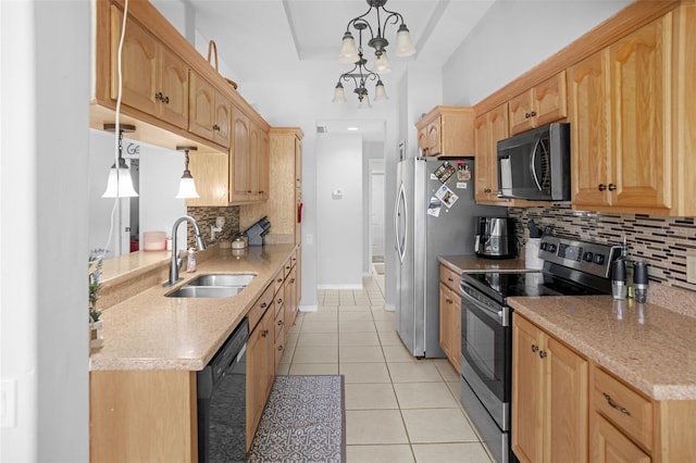 8712 Ashbury Dr, Hudson, FL 34667 - kitchen featuring decorative backsplash, decorative light fixtures, a sink, light tile patterned floors, and black appliances