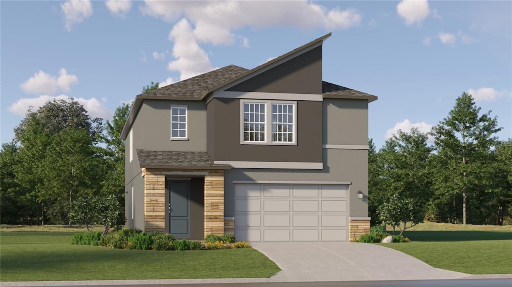 11546 E 71st Ter, Palmetto, FL 34221 - contemporary home featuring driveway, a front yard, a garage, stone siding, and stucco siding