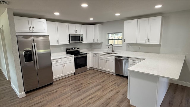 3188 Lake Saxon Dr, Land O Lakes, FL 34639 - kitchen featuring appliances with stainless steel finishes, a sink, a peninsula, recessed lighting, and light wood-type flooring