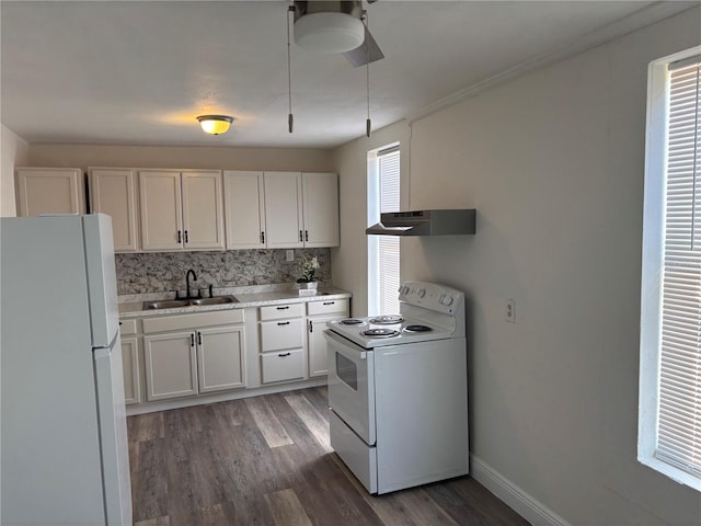 kitchen with wood finished floors, a sink, under cabinet range hood, white appliances, and white cabinetry