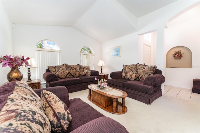 29542 Forest Glen Dr, Wesley Chapel, FL 33543 - living area featuring light tile patterned floors, lofted ceiling, and light carpet