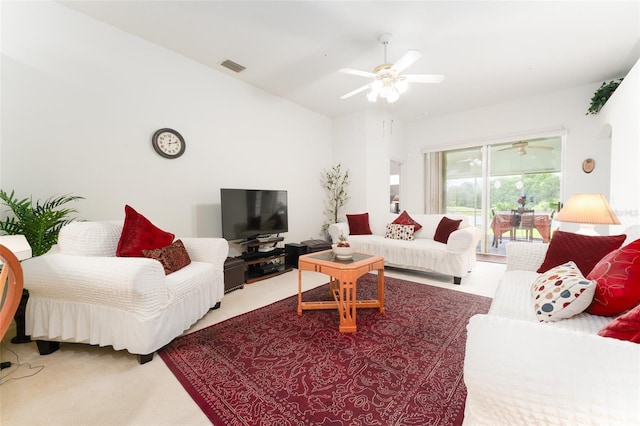 29542 Forest Glen Dr, Wesley Chapel, FL 33543 - living area with carpet flooring, ceiling fan, and visible vents